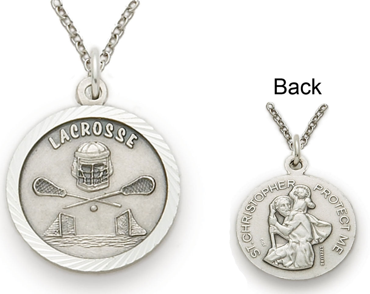 St. Christopher Lacrosse Sports Sterling Silver Medal with Chain