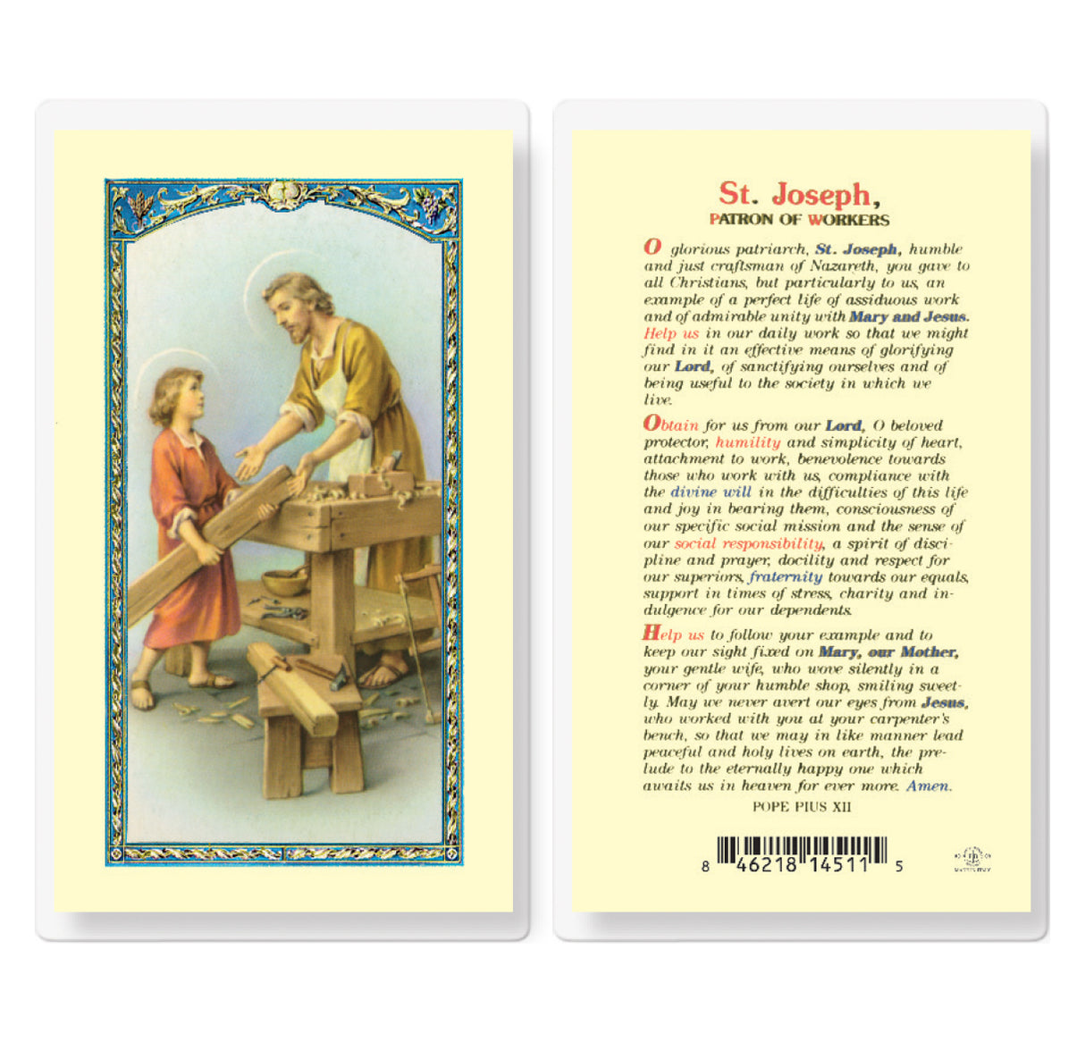 St. Joseph Patron of Workers Laminated Prayer Card