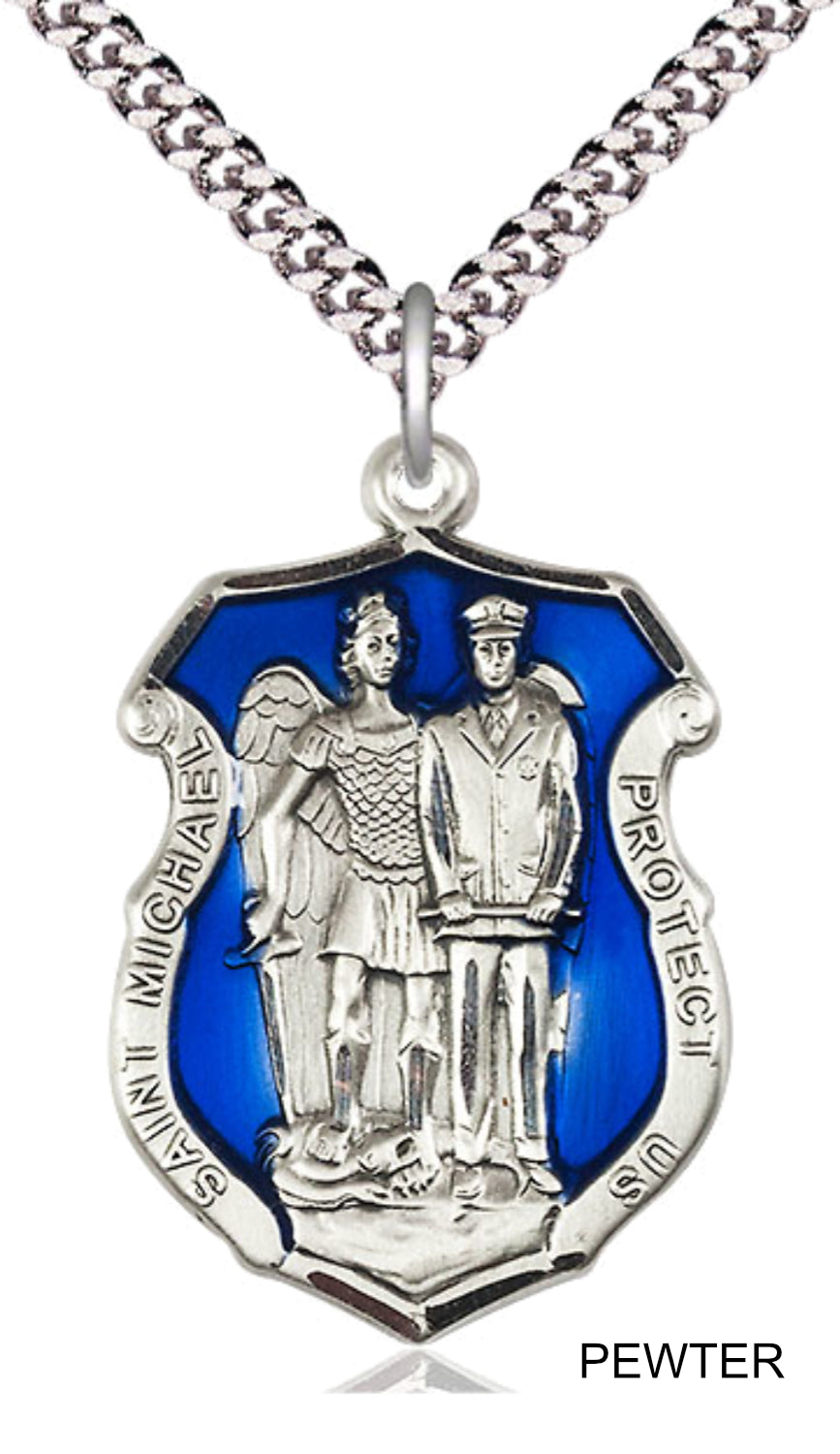 St. Michael and Police Shield Blue Epoxy Necklace