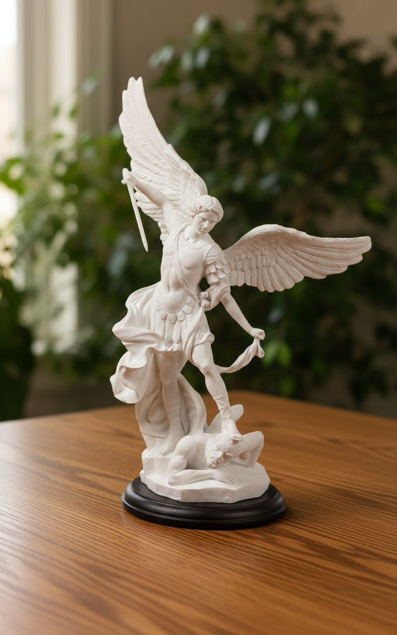 St. Michael the Archangel Statue – 15” | White Resin on Black Base
