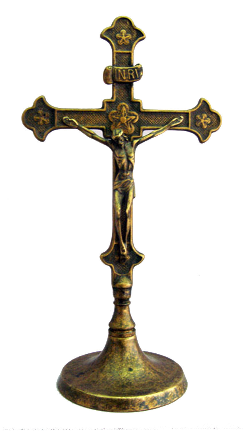 Standing Crucifix in Antiqued Brass - 11.5 Inches