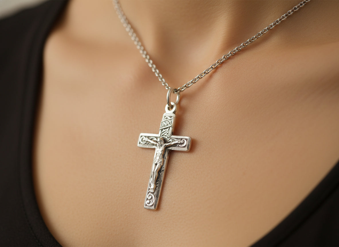 Sterling Silver Crucifix Pendant with Ornate Scrollwork for Women