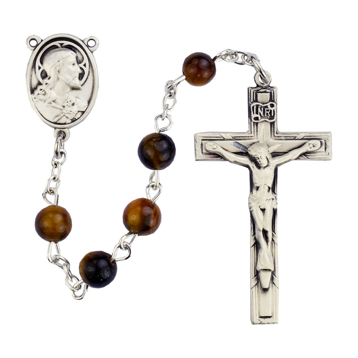 Sterling Silver Holy Family Holy Spirit Brown Wood Rosary