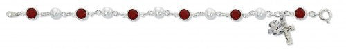Sterling Silver Red Stone and Pearl Bracelet