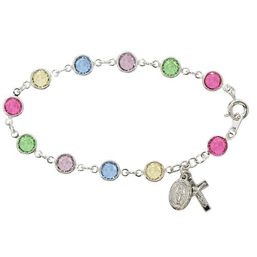 Sterling Silver Rosary Bracelet with Multi Color Austrian Crystal Beads