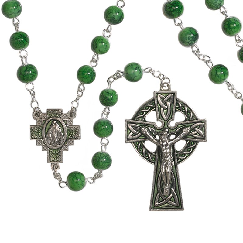 Irish 7mm Marble Rosary – Celtic Knotwork Crucifix & Saint Patrick Gift Box