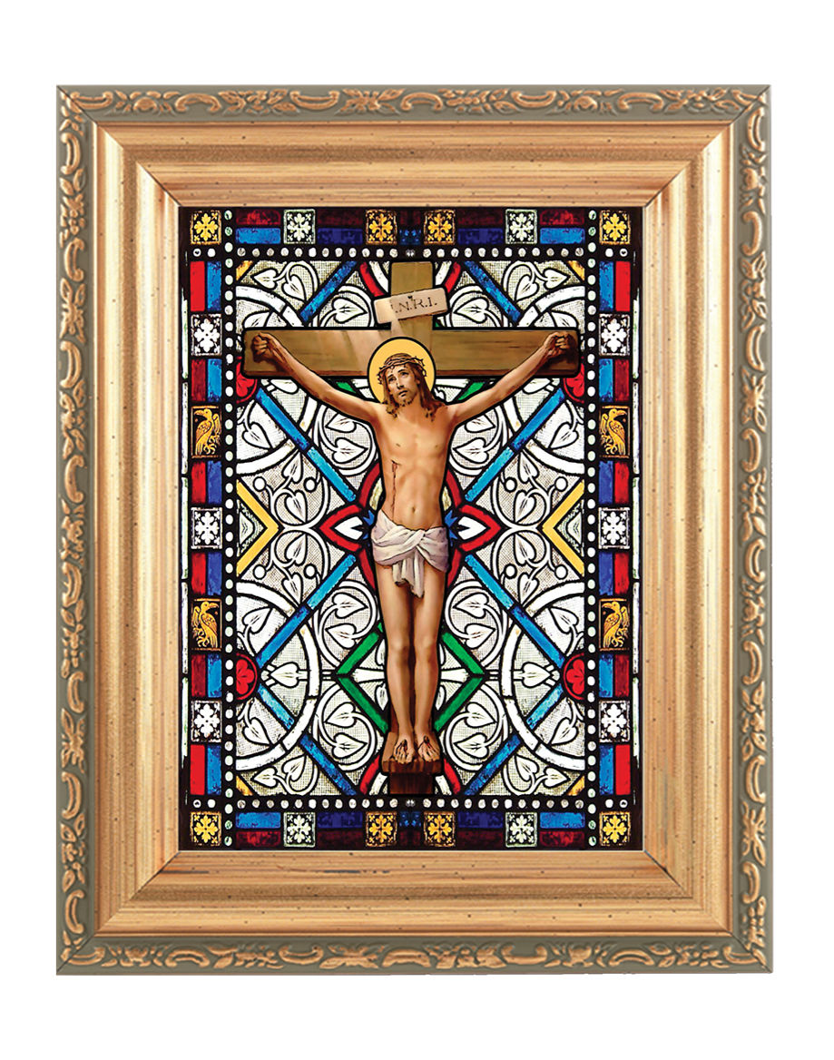 The Crucifixion Gold Frame Stained Glass Effect