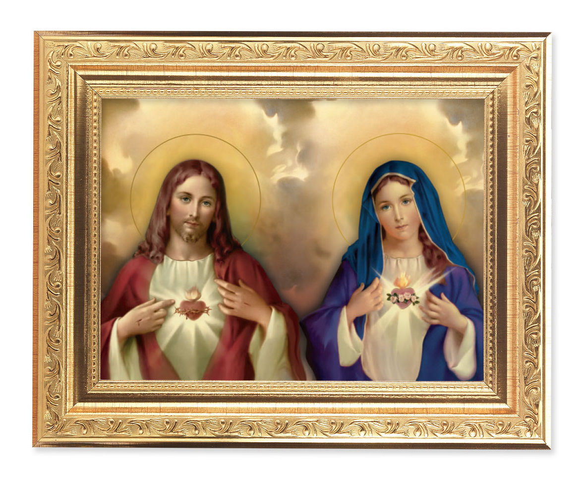 The Sacred Hearts with Clouds 6x8 Print Under Glass