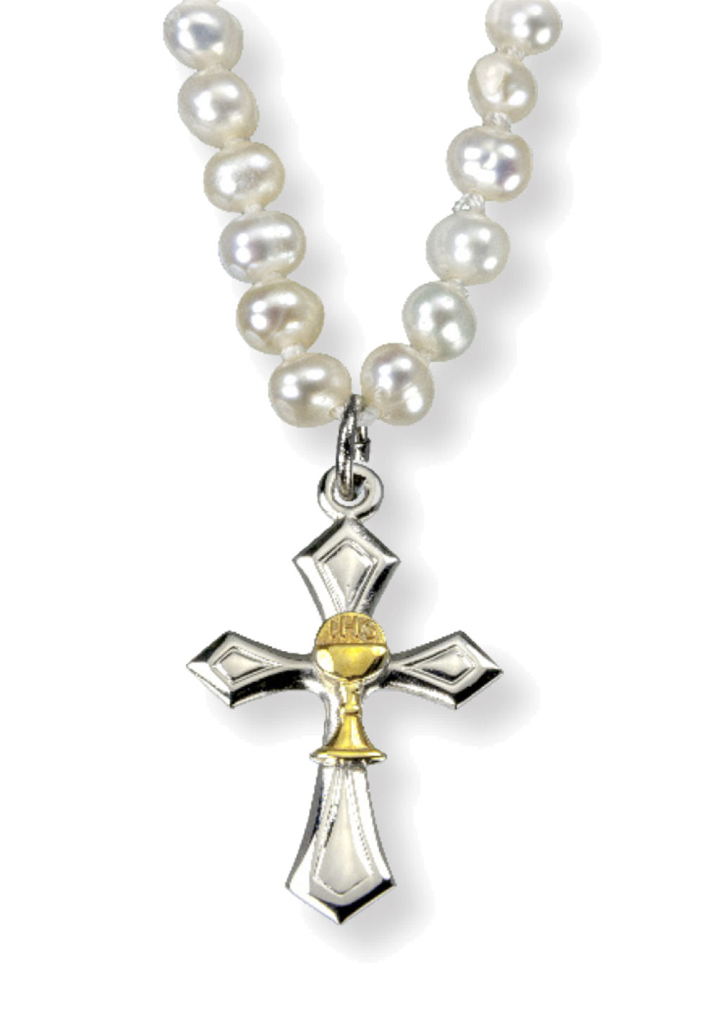 First Communion Freshwater Pearl Two-Tone Cross with Chalice and Necklace