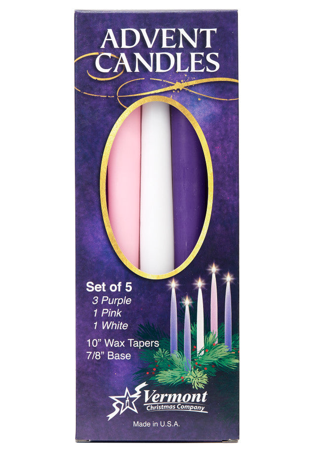 Set of 5 Advent Candles – 10" Wax Tapers (3 Purple, 1 Pink, 1 White) | Made in U.S.A.