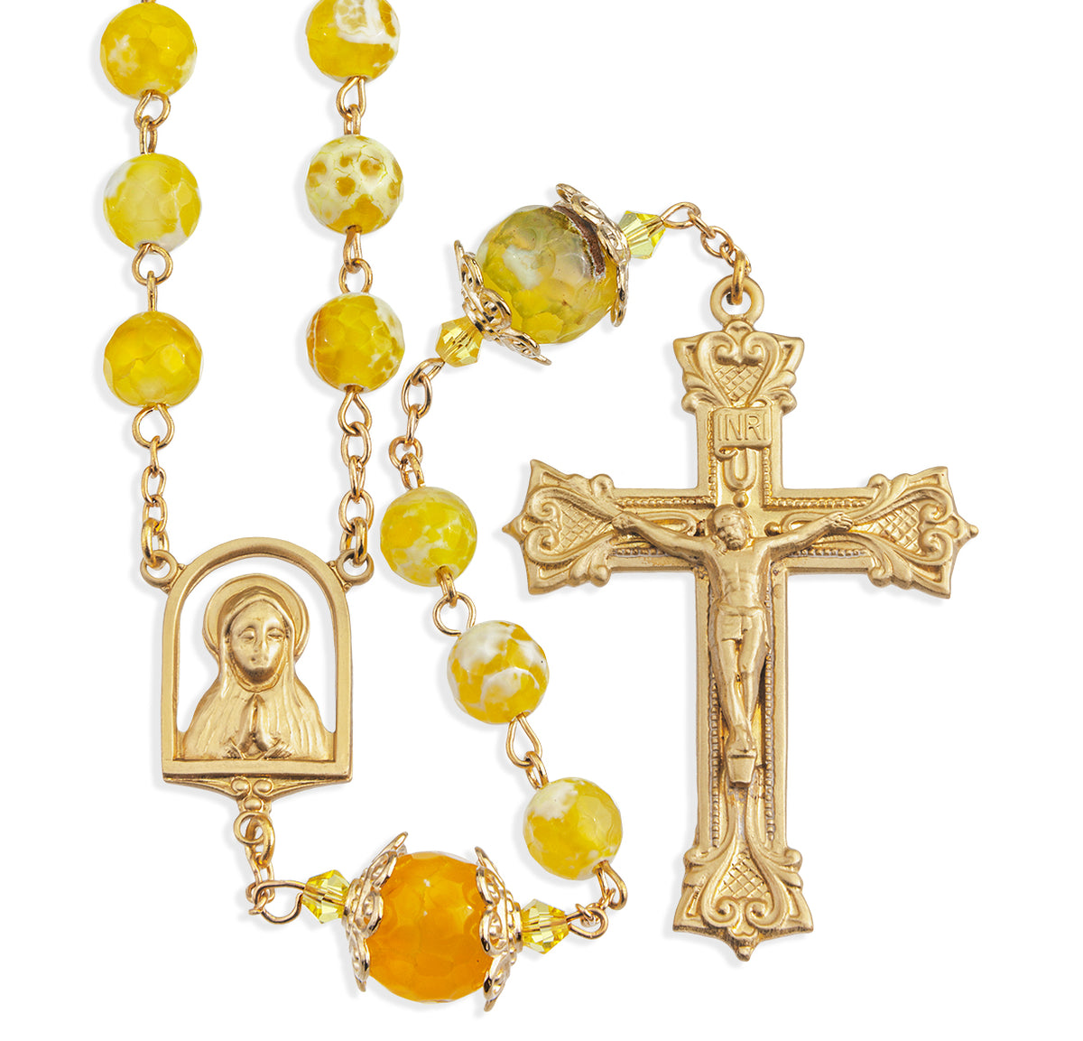 8mm Yellow and White Onyx Rosary with Double Capped Our Father Beads, Brass Crucifix and Center