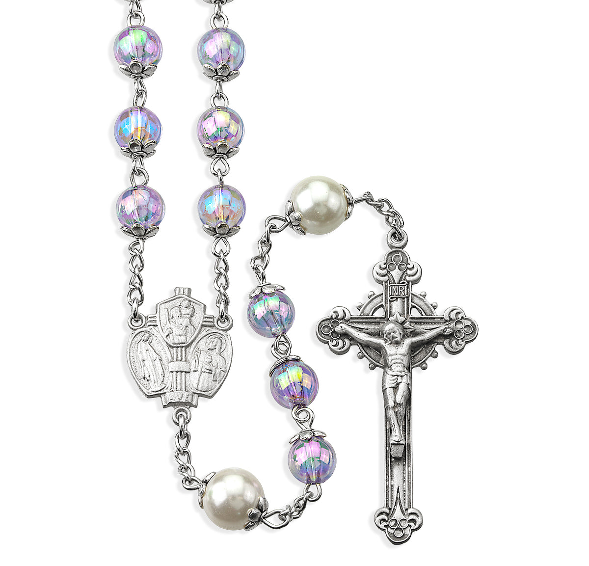 8mm Light Amethyst Glass Shimmer Bead Rosary, Pewter Crucifix and Center
