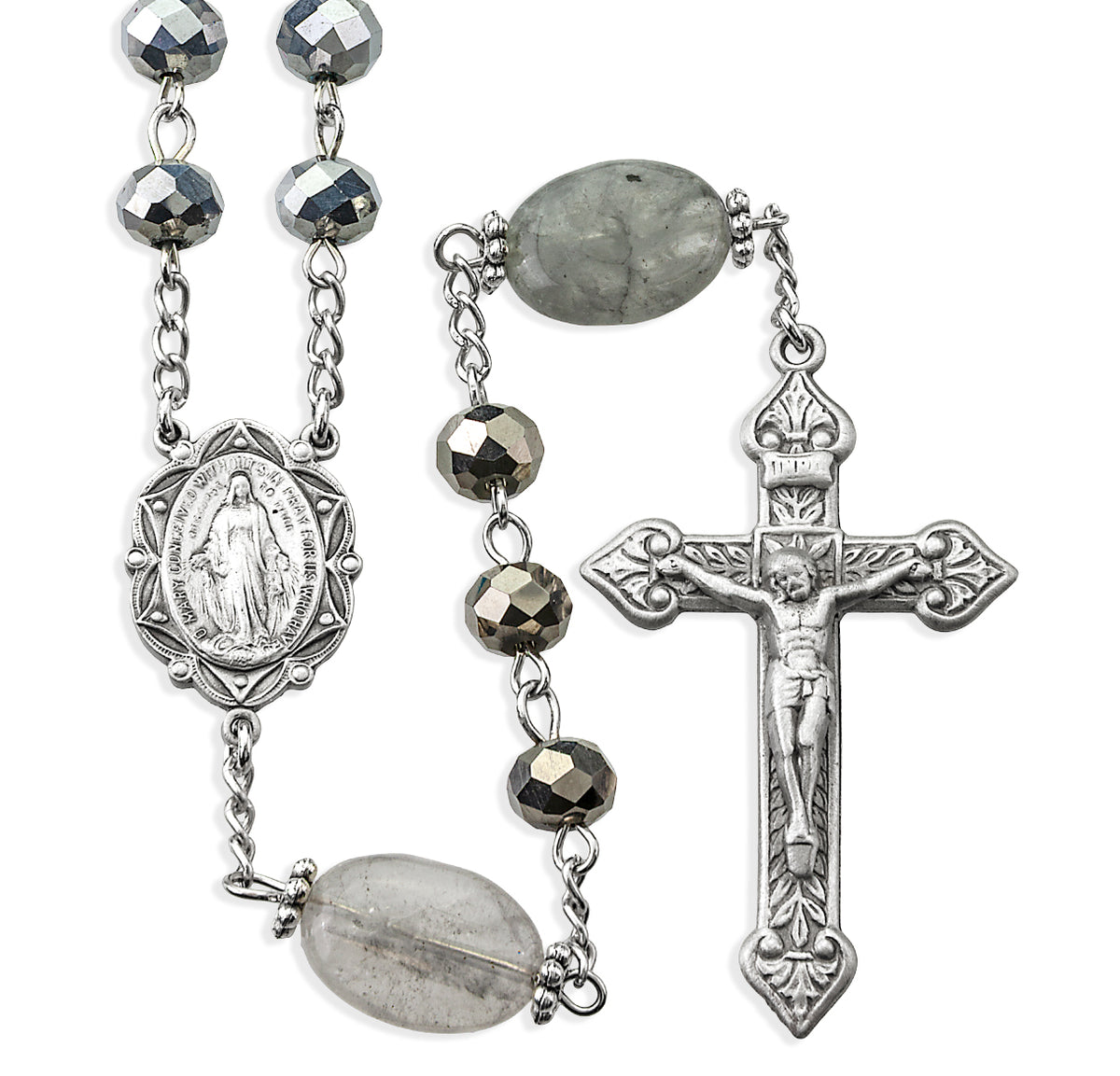 8mm Silver Vitriol Glass Bead Rosary with Smoke Glass Our Father Beads, Pewter Crucifix and Center