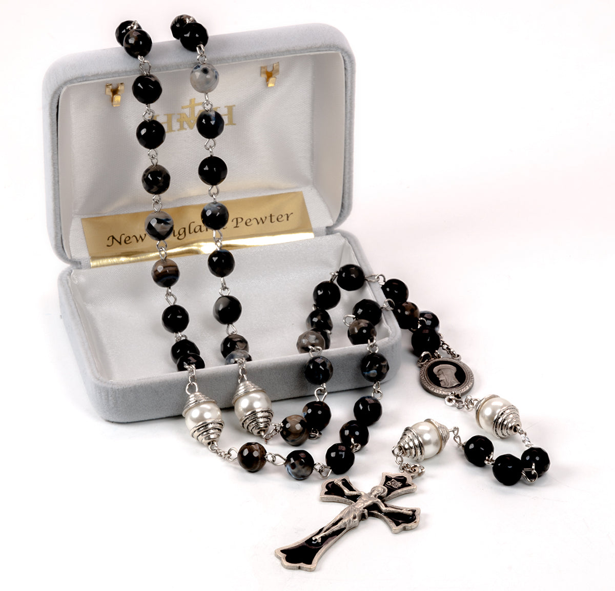 8mm Black and Grey Onyx Rosary, Black Epoxy Pewter Crucifix and Center
