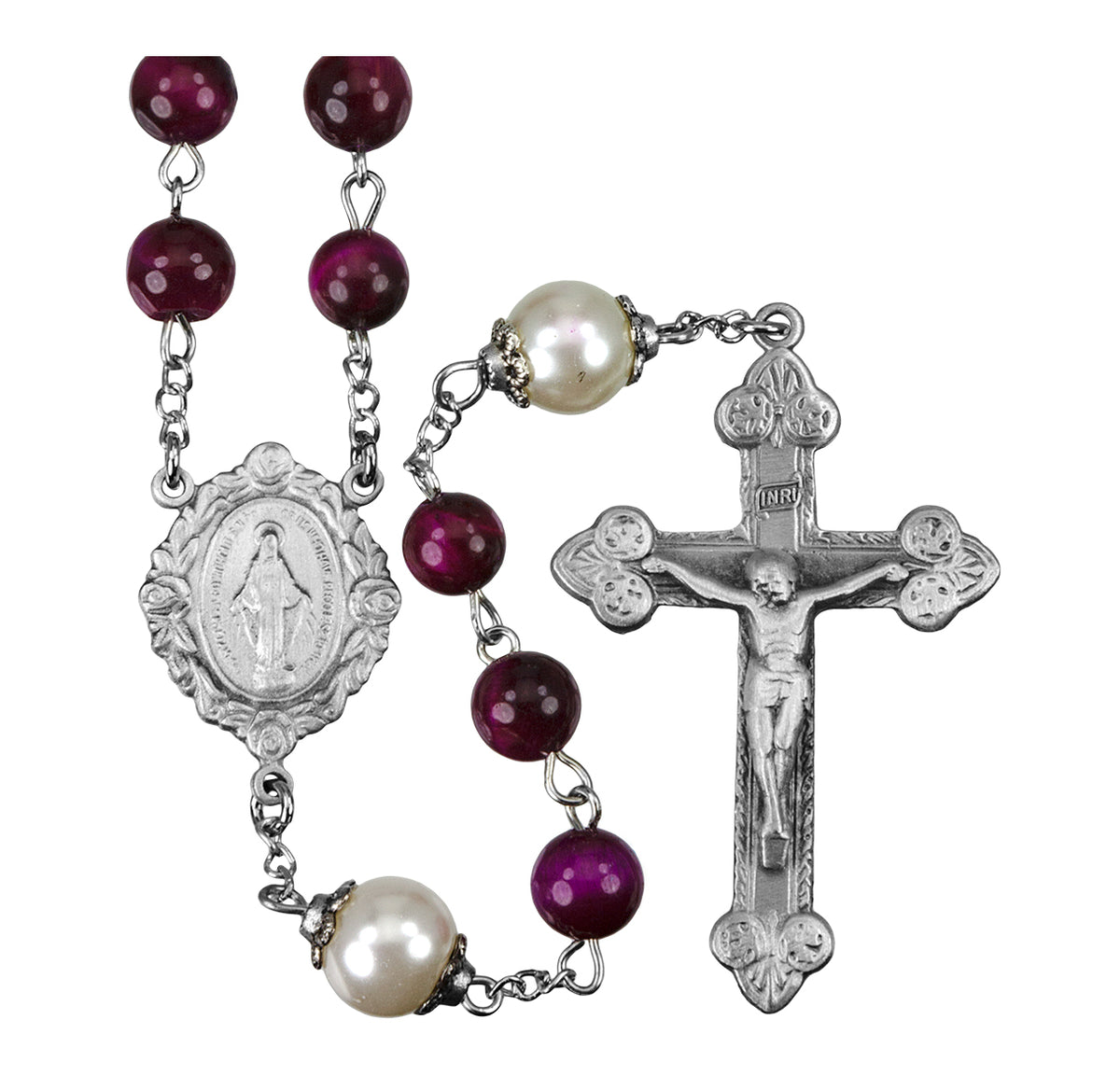8mm Fuchsia Dyed Tiger Eye Gemstone Bead Rosary, Pewter Crucifix and Center