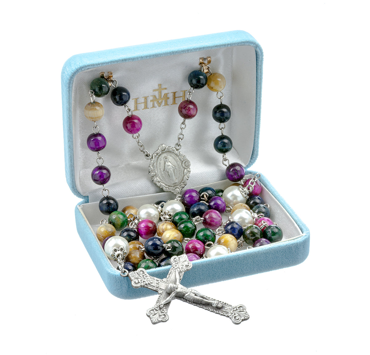8mm Multi-Colored Dyed Tiger Eye Gemstone Bead Rosary, Pewter Crucifix and Center