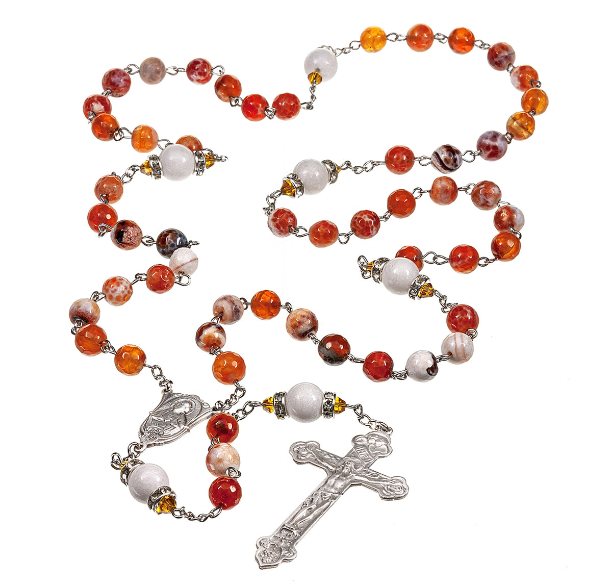 8mm White and Rust Onyx Rosary, Pewter Crucifix and Center