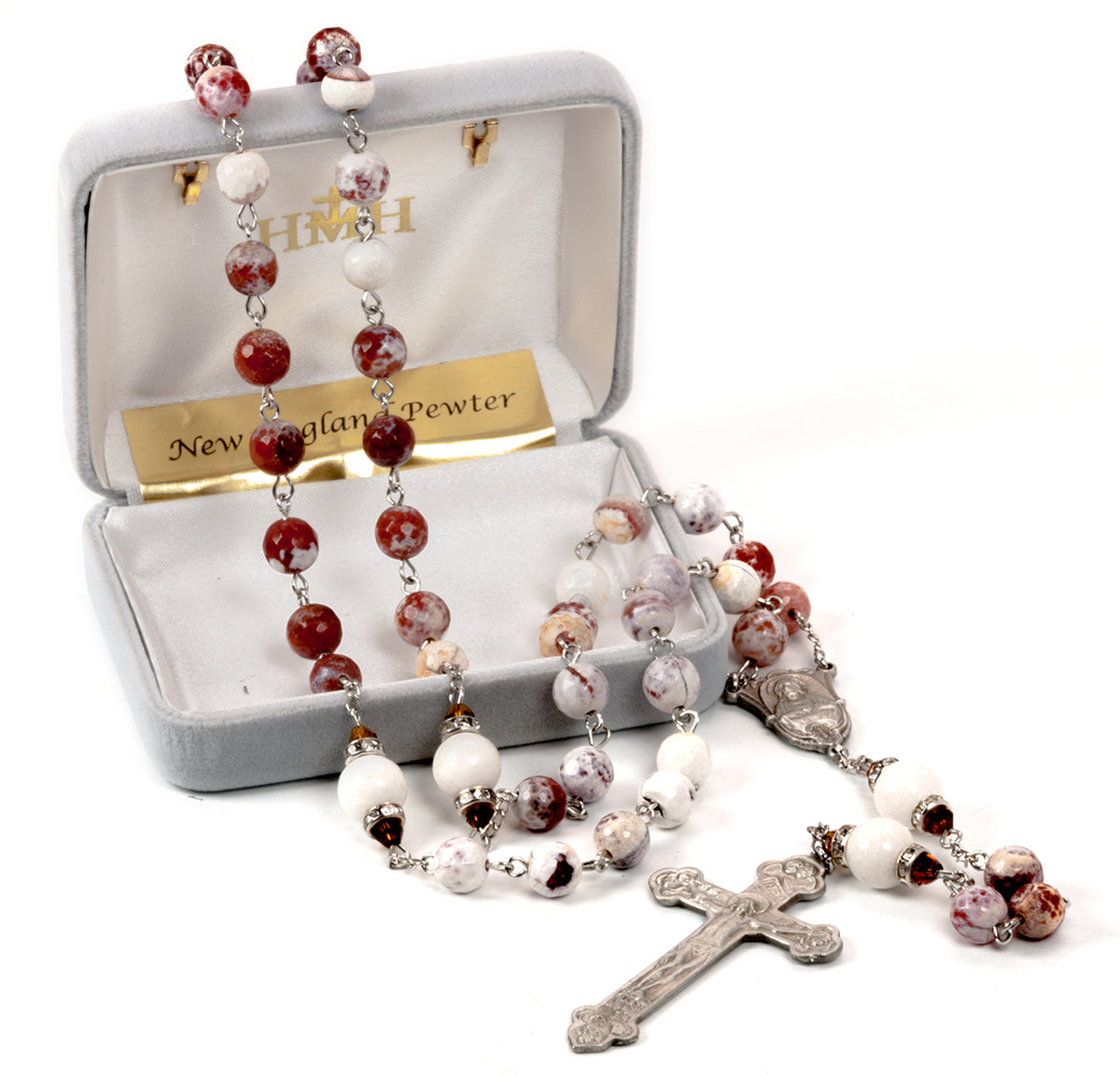 8mm White and Rust Onyx Rosary, Pewter Crucifix and Center