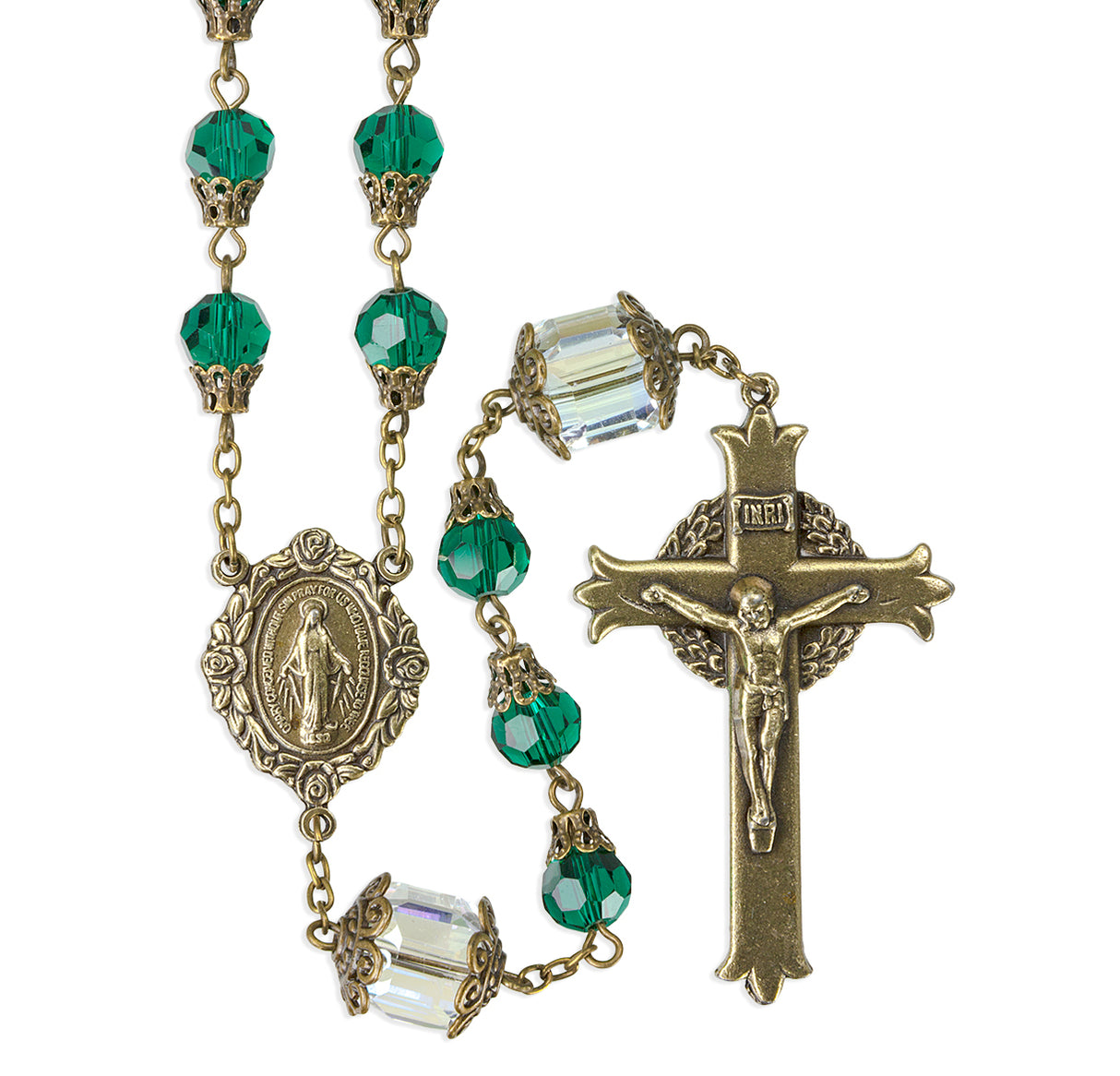 Rosary Vintage Inspired Emerald Green Glass Beads with Antique Brass Crucifix and Centerpiece