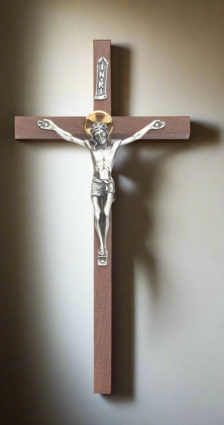 10 Inch Walnut Wall Crucifix Slimline Design