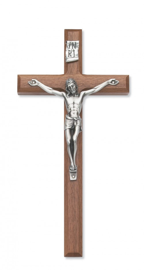 12 Inch Wall Crucifix Walnut with Beveled Edge