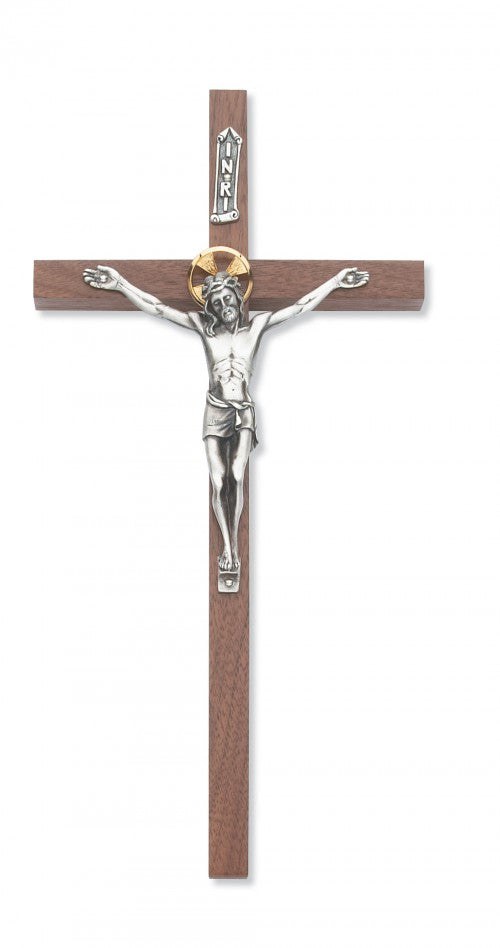Walnut Wall Crucifix with Gold-tone Halo 8 inch