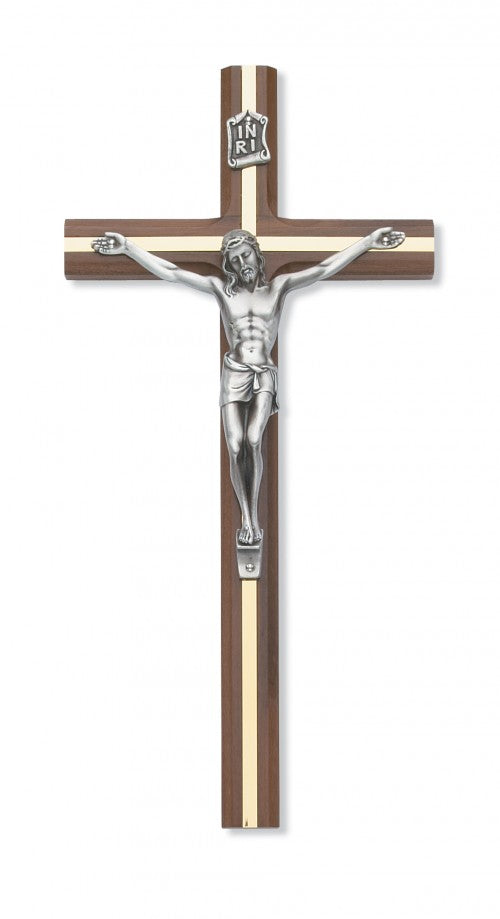 Slimline Walnut Wall Crucifix with Gold-Tone Inlay 10 inch Beveled