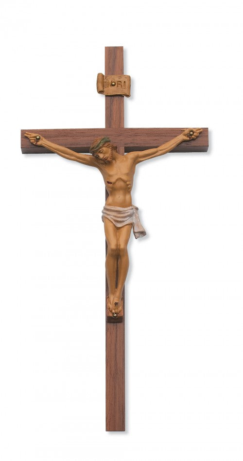 Walnut Wall Cross with Italian Hand Painted Corpus 12 Inch