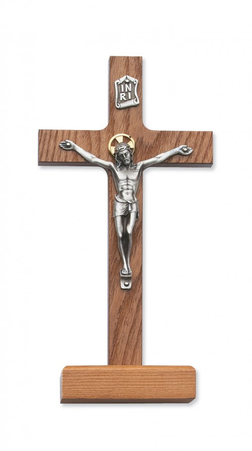 Walnut Wood Standing Crucifix with Two Tone Corpus - 8'H