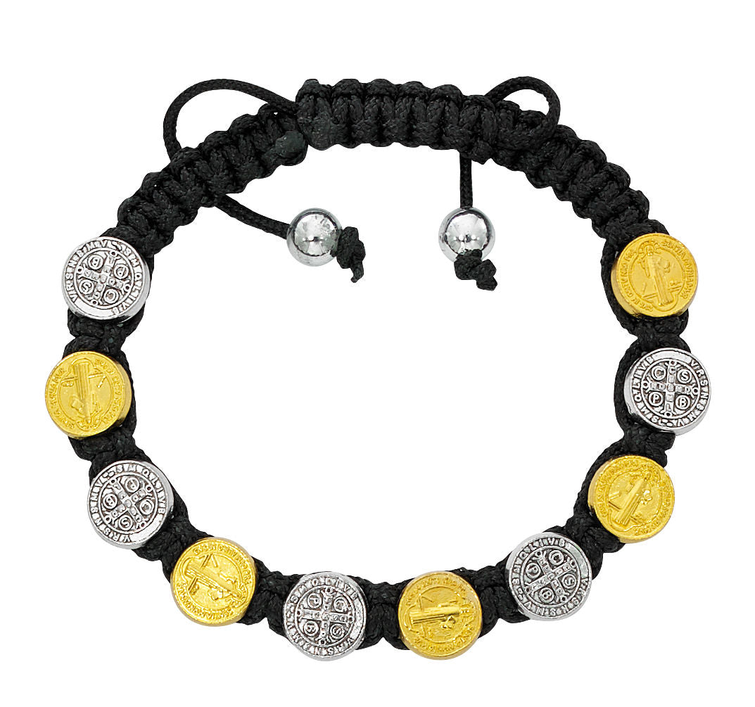 Adjustable Black Corded Two-Tone St. Benedict Bracelet for Women