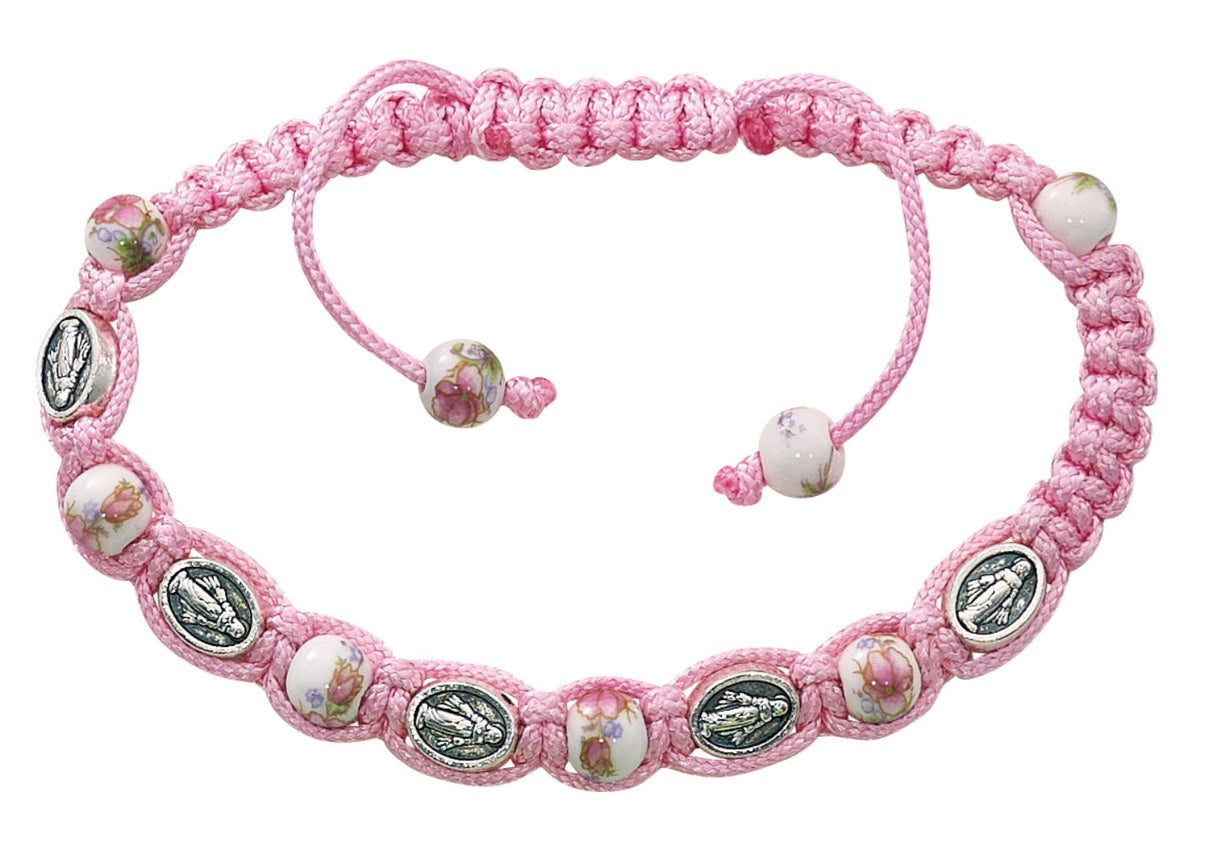 Adjustable Miraculous Medals & Ceramic Beads Bracelet with Adjustable Pink Cord for Women
