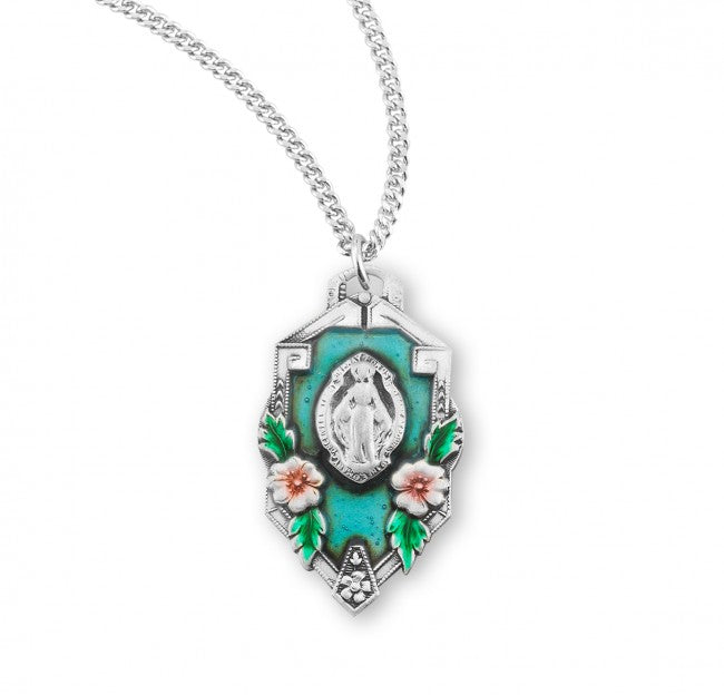 Blue Enamel Floral Accent Miraculous Medal for Women