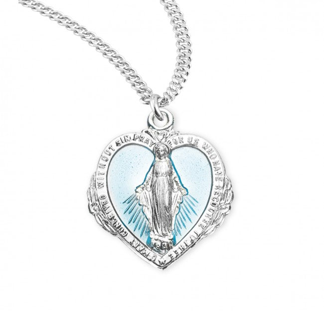 Blue Enamel Heart Flower Miraculous Medal for Women