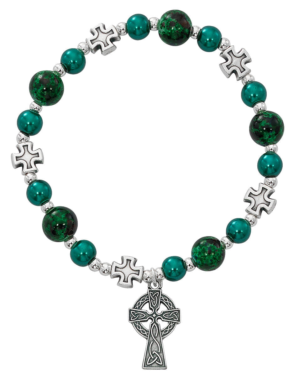 Celtic Stretch Bracelet with Green Pearl Beads and Cross Charm for Women