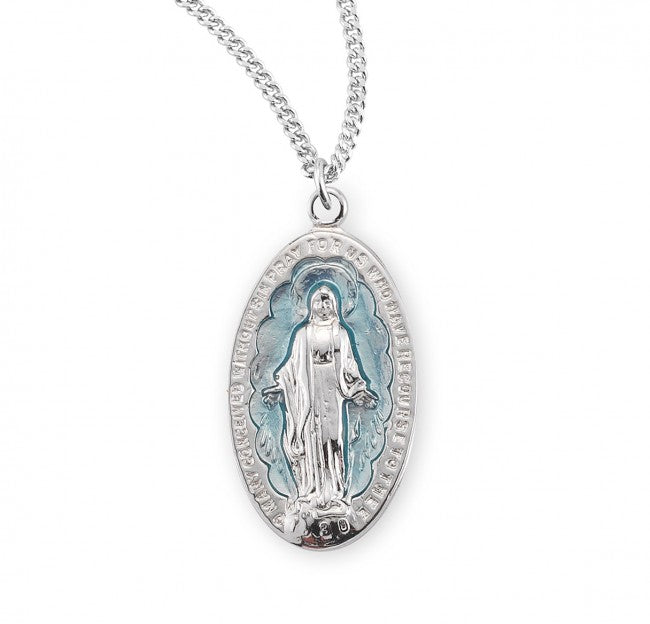 Elongated Blue Enamel Miraculous Medal for Women