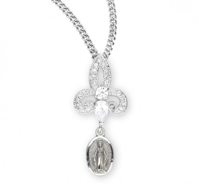 Fleur De Lis Necklace with Dangling Miraculous Medal for Women