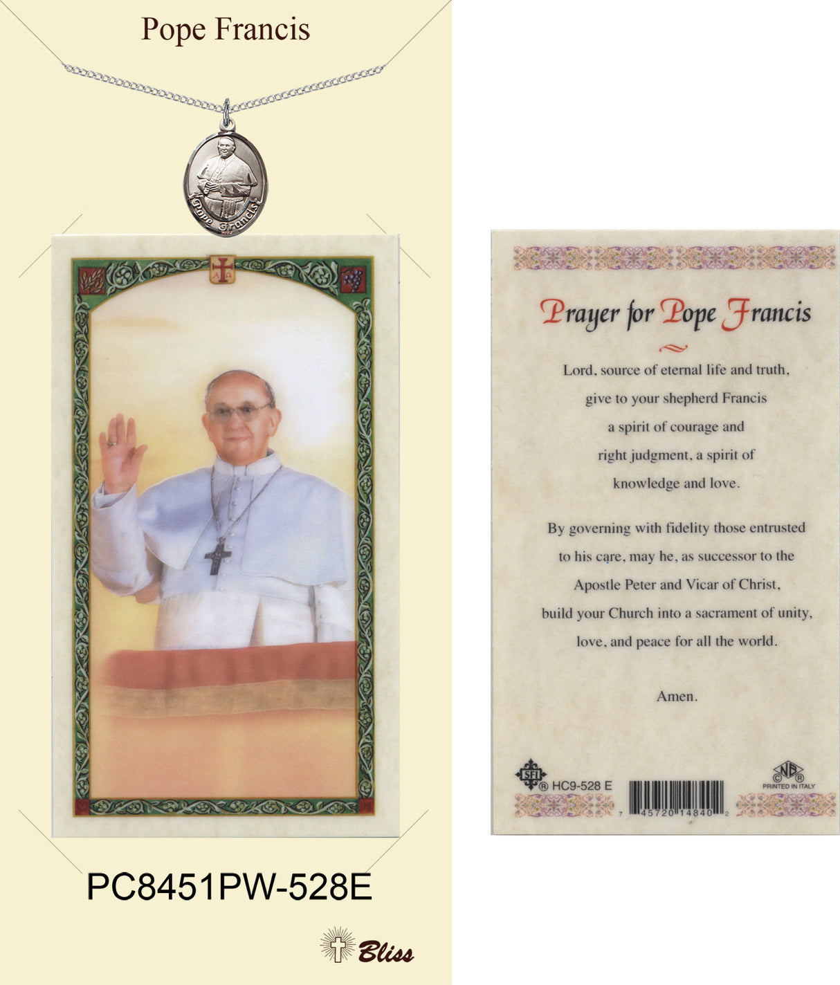 Oval Pope Francis Pewter Pendant w. Prayer Card for Women