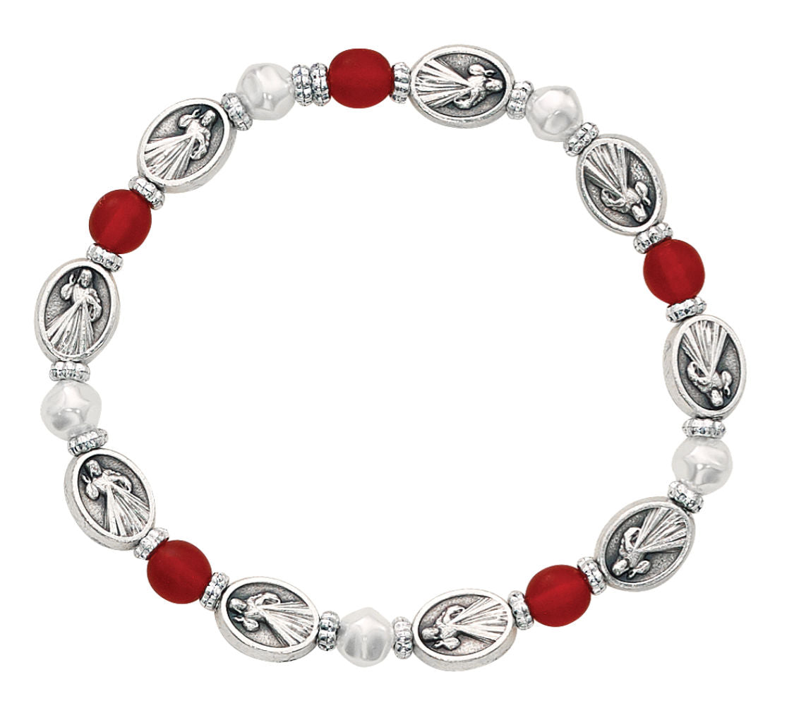 Red and White Bead Stretch Bracelet with Divine Mercy Medals for Women