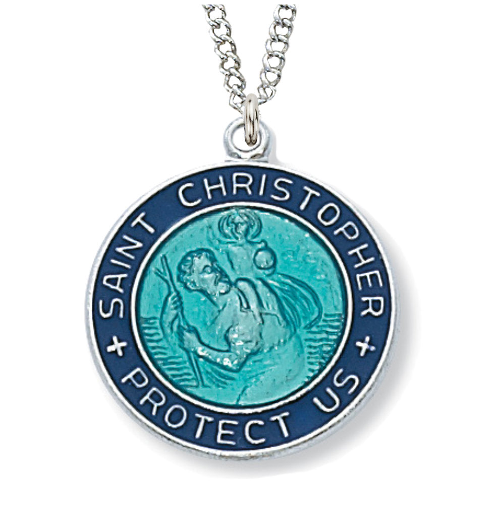 Round Blue Enamel St. Christopher Medal for Women
