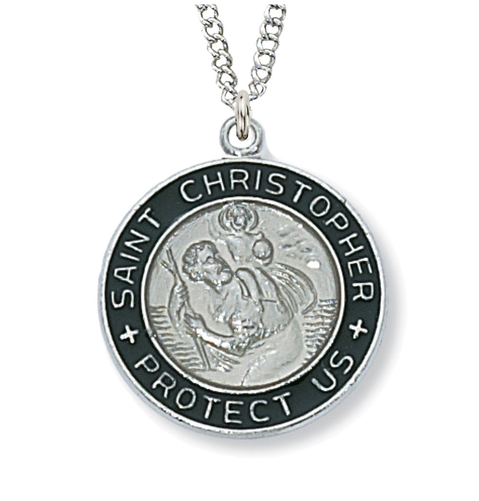 Round Silver with Black St. Christopher Medal for Women