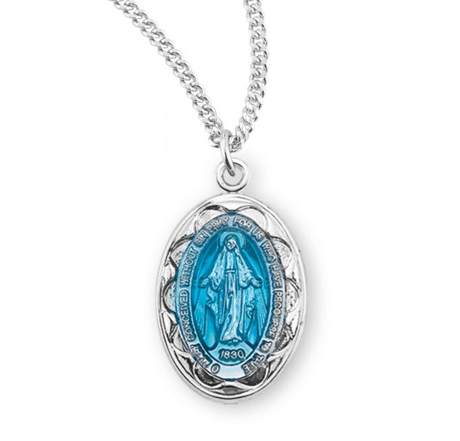 Scalloped Edge Miraculous Medal Silver or Blue for Women