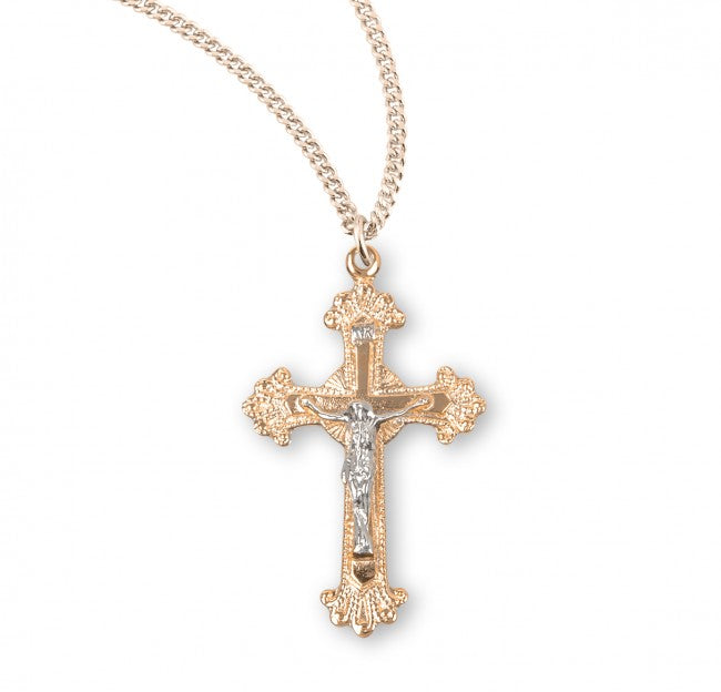 Shiny Frayed Tip Crucifix Medal Two Tone for Women