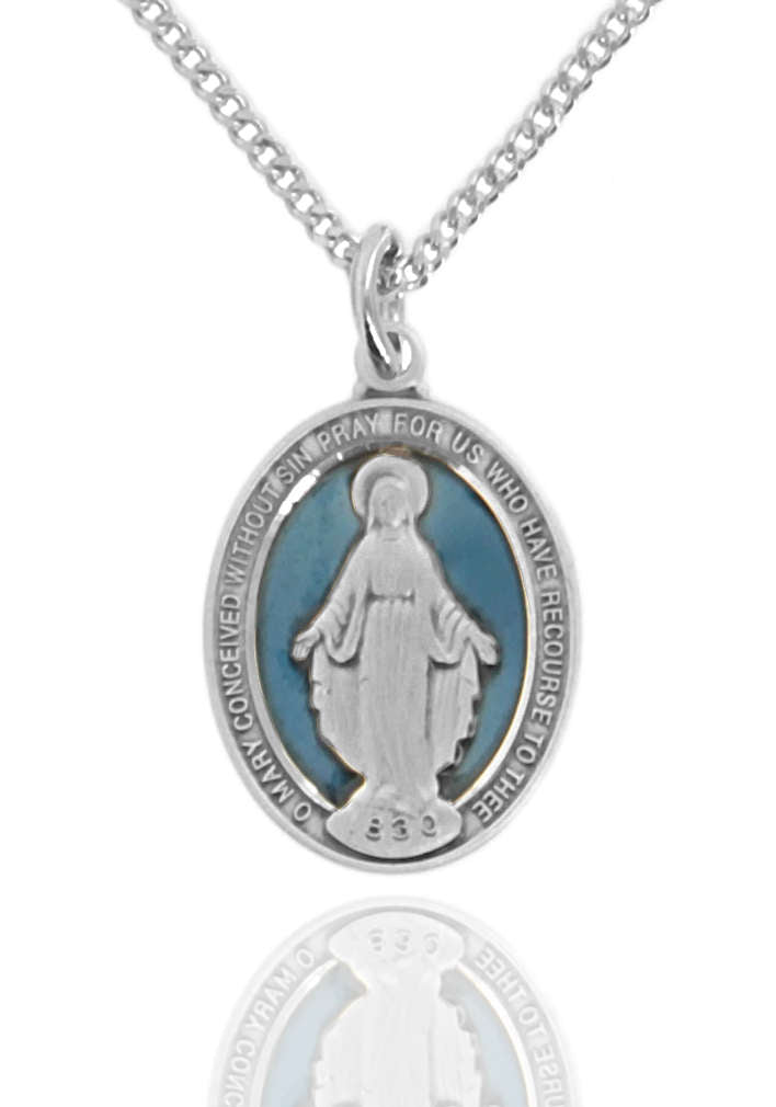 Sterling Silver Oval Blue Enamel Miraculous Medal for Women