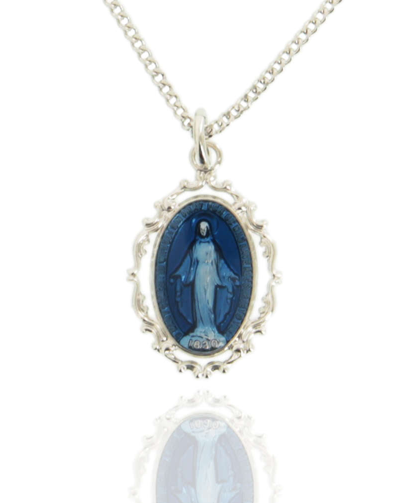 Sterling Silver Oval Dark Blue Enamel Miraculous Medal with Baroque Border for Women