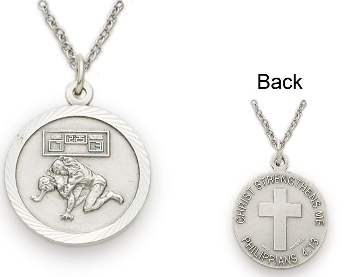Wrestling Sports Sterling Silver Medal with Chain