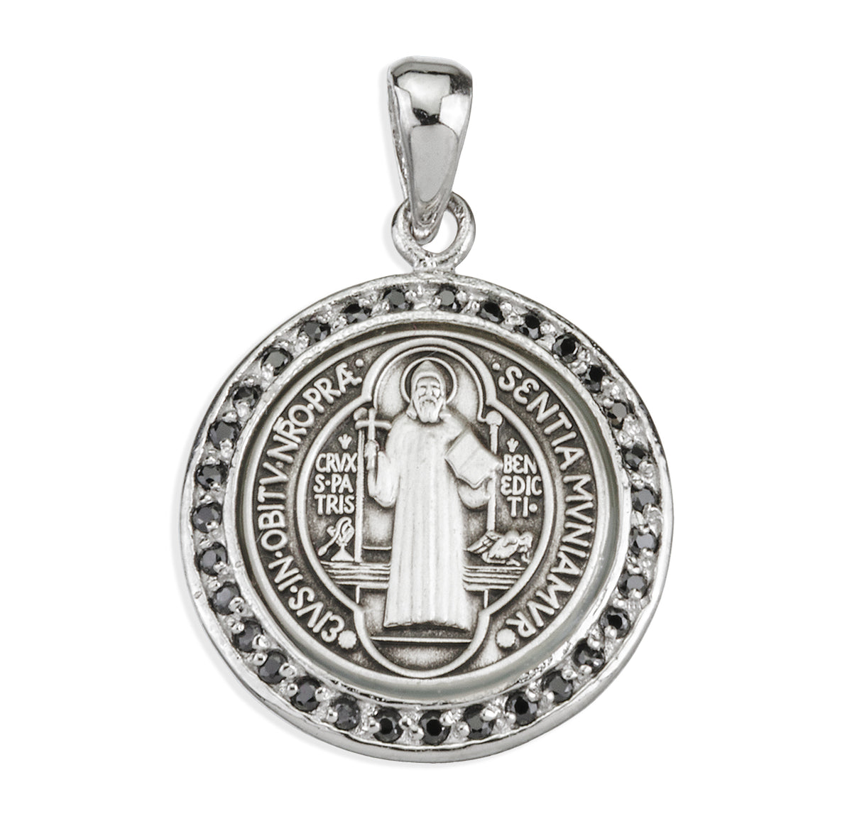 Saint Benedict Round Medal Necklace with Black Cubic Zirconia, Sterling Silver