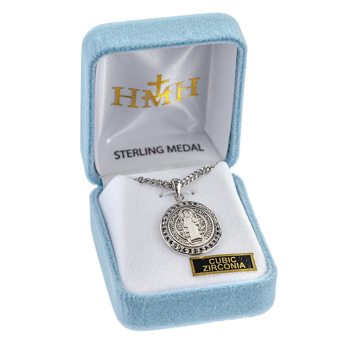 Saint Benedict Round Medal Necklace with Black Cubic Zirconia, Sterling Silver