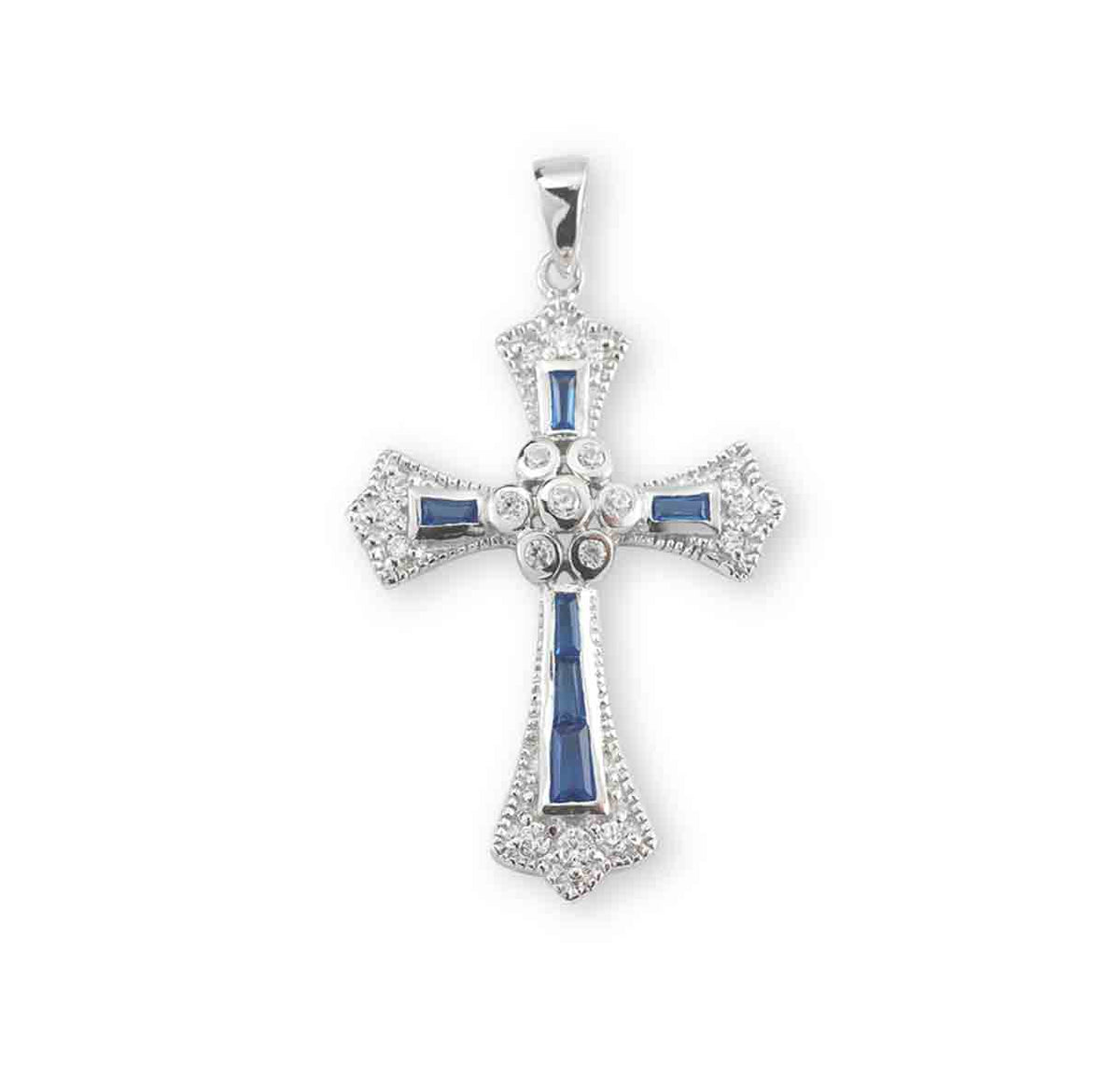 Sapphire and Crystal Cubic Zirconia Cross Necklace, Sterling Silver
