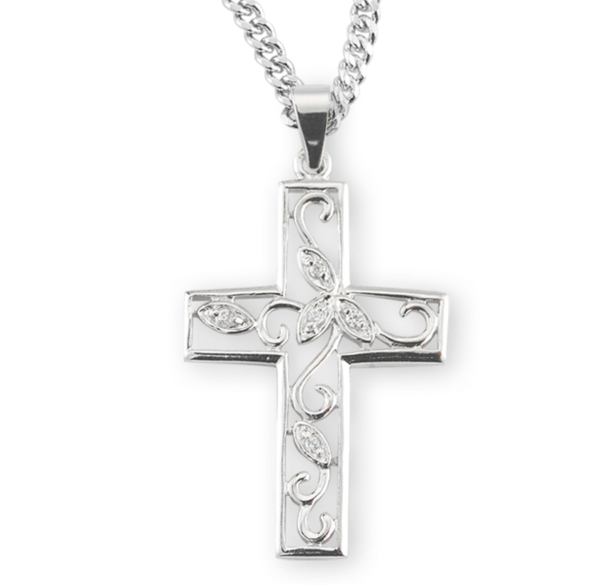 Crystal Cubic Zirconia Vine Cross Necklace, Sterling Silver