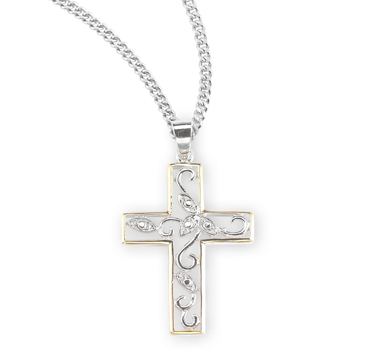 Crystal Cubic Zirconia Two-Tone Vine Cross Necklace, Sterling Silver